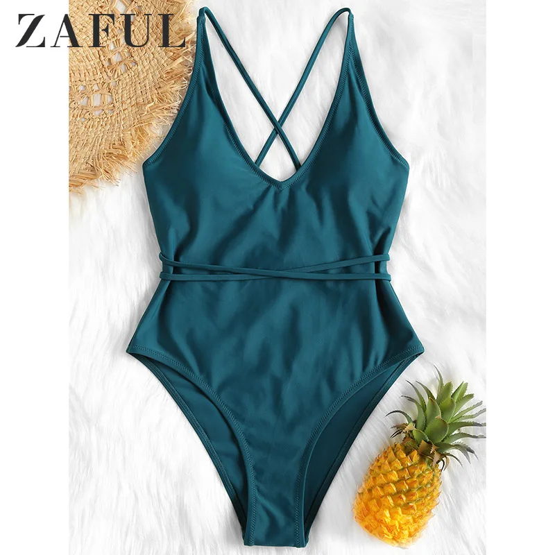 Женский слитный купальник-бикини с перекрестными лямками на тонких бретелях |