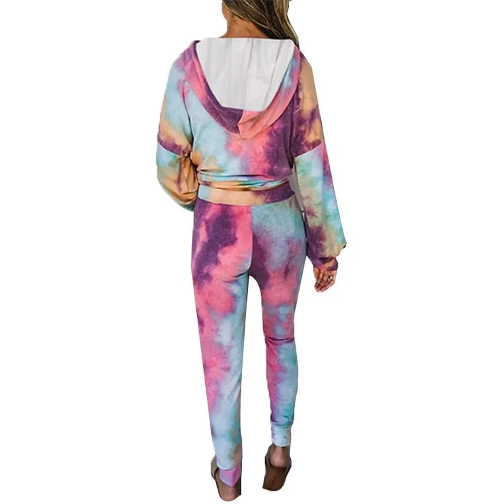 

Donsignet Fashion Women's Suit New Spring Casual Hooded Collar Pullover Tie-dye Regular Trousers Two-piece Suit Elastic Waist