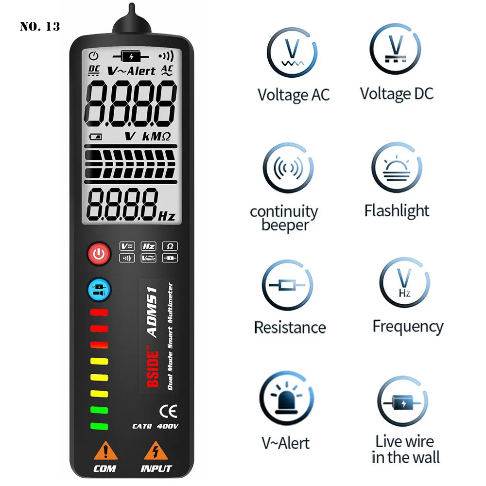 

Automatic Voltage Tester Digital Multimeter Intelligent Display Ultra-thin Design Arc Screen Voltage Meter Strap Rear Flashlight