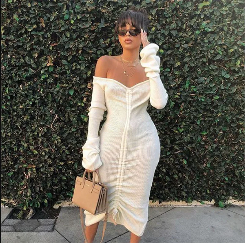 

Autumn Winter Women Front Drawstring Sexy Bandage Dresses Women Slash Neck Long Sleeve Club Party DressOff Shoulder Dress