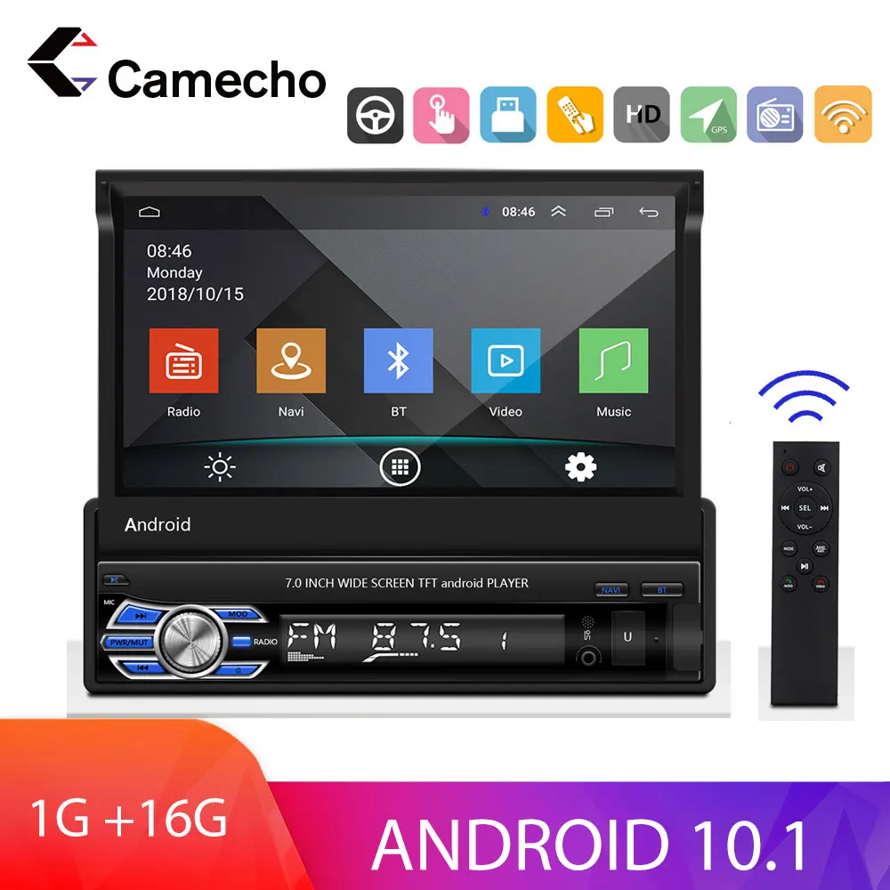

Автомагнитола Camecho, Android 10,1, 1 Din, 7 дюймов, автомобильный мультимедийный плеер, GPS-навигация, Wi-Fi, автомобильный MP5, Bluetooth, USB, FM, камера заднего ви...