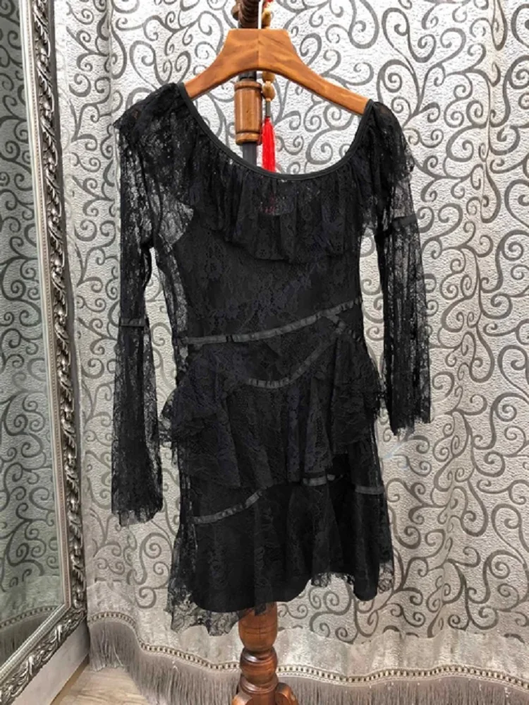 

Pink Black Sweet Lace Dress New 2021 Summer High Quality Ladies Asymmetrical Sleeve Sexy Ruffle Party Club Dress Above Knee