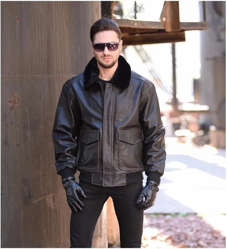 

Free Shipping.Classic Winter Warm Genuine Leather Jacket.Eur Size G1 Bomber Cowhide Coat,mens Flight Leather Clothes