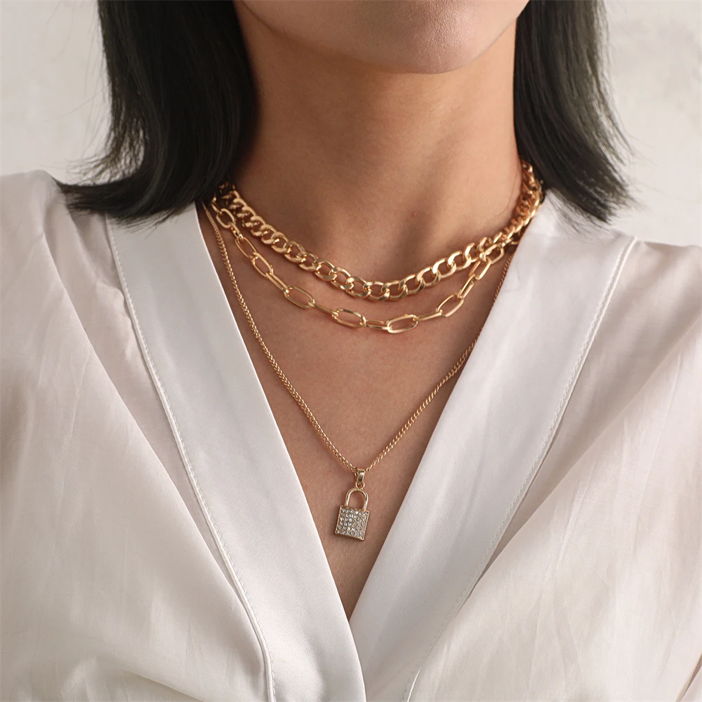 

Punk Crystal Lock Pendant Necklace For Women Thick Chain Charm Choker Necklaces Trend Party Jewelry Friend Gift Female