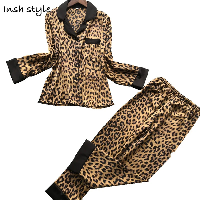 

Nightgown Sleep Top Women's Pajamas Set 2021 Summer Long-sleeved Silk Full Length Polyester Leopard Pijama Feminino