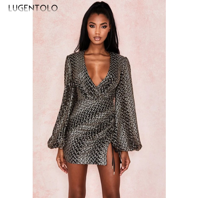 

Сексуальное платье для женщин сексуальное нижнее белье с глубоким v-образным вырезом, длинный рукав, тонкий, платья с вышивкой, платье с О-об...