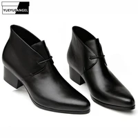 mens high heel chelsea boots pointed toe genuine leather black winter male dress boots casual classic vintage cowboy ankle boots