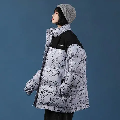 Зимняя женская куртка пуховик синее хлопковое пальто с воротником-стойкой