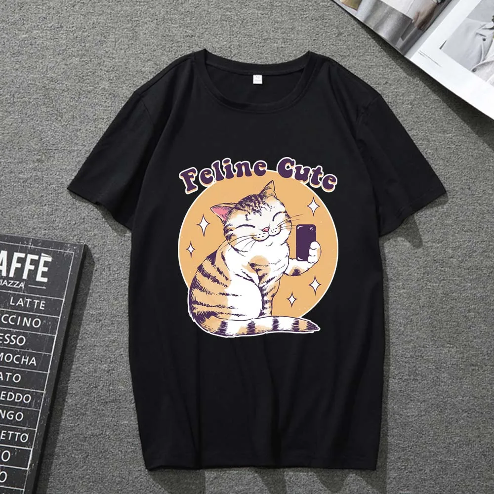 

Ladies Fashion T-shirt Black Short Sleeve Commuter Casual Cat Cartoon Knife Series Printed Men's Polyester Top T-shirt