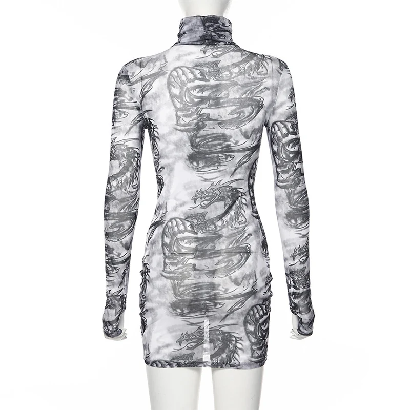 

Long Sleeve Dress for Women 2021 New Mesh Transparent Retro Printing Sexy Dress Turtleneck Slim Mini Bodycon Dress