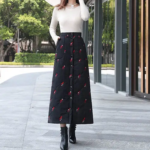 

Women 2020 Winter Fashion Casual A-line Skirt Female High Waist Cartoon Embroidery Skirt Ladies Thick Warm Down Cotton Skirt J02