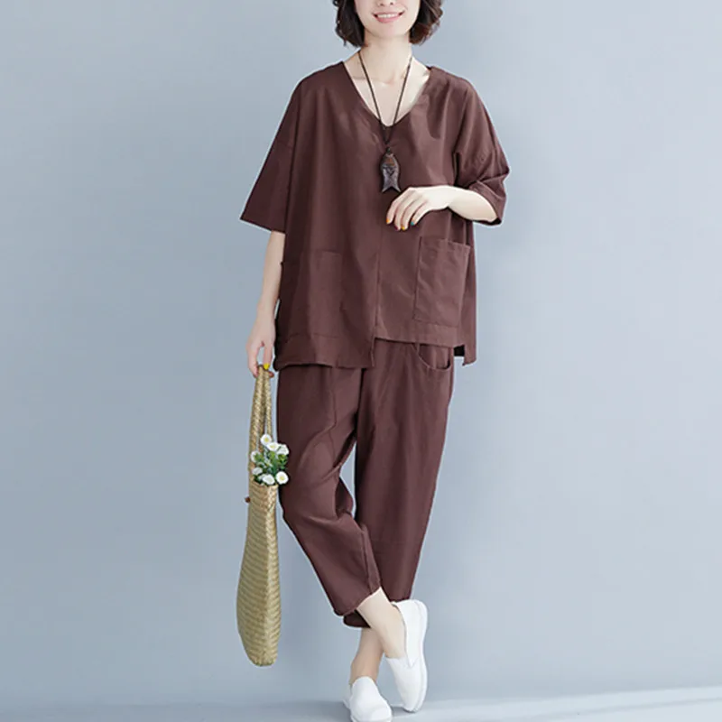 

Комплект одежды Uego женский из двух предметов, Свободный Топ с V-образным вырезом, брюки-султанки, хлопково-льняной повседневный комплект, ле...