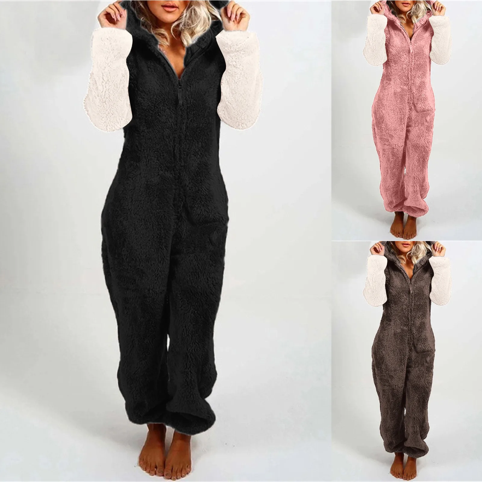 

Комбинезон женский с капюшоном, плюшевый пижамный комплект с цветными блоками, с длинным рукавом, Повседневная теплая одежда для сна, Z40