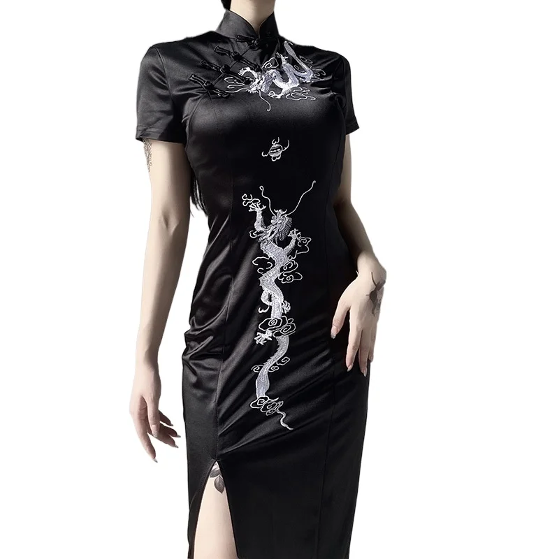 

Cheongsam вечернее платье, воротник-стойка, китайский в готическом стиле, платье для девочек с вышитым драконом, черно-красное платье в стиле рет...