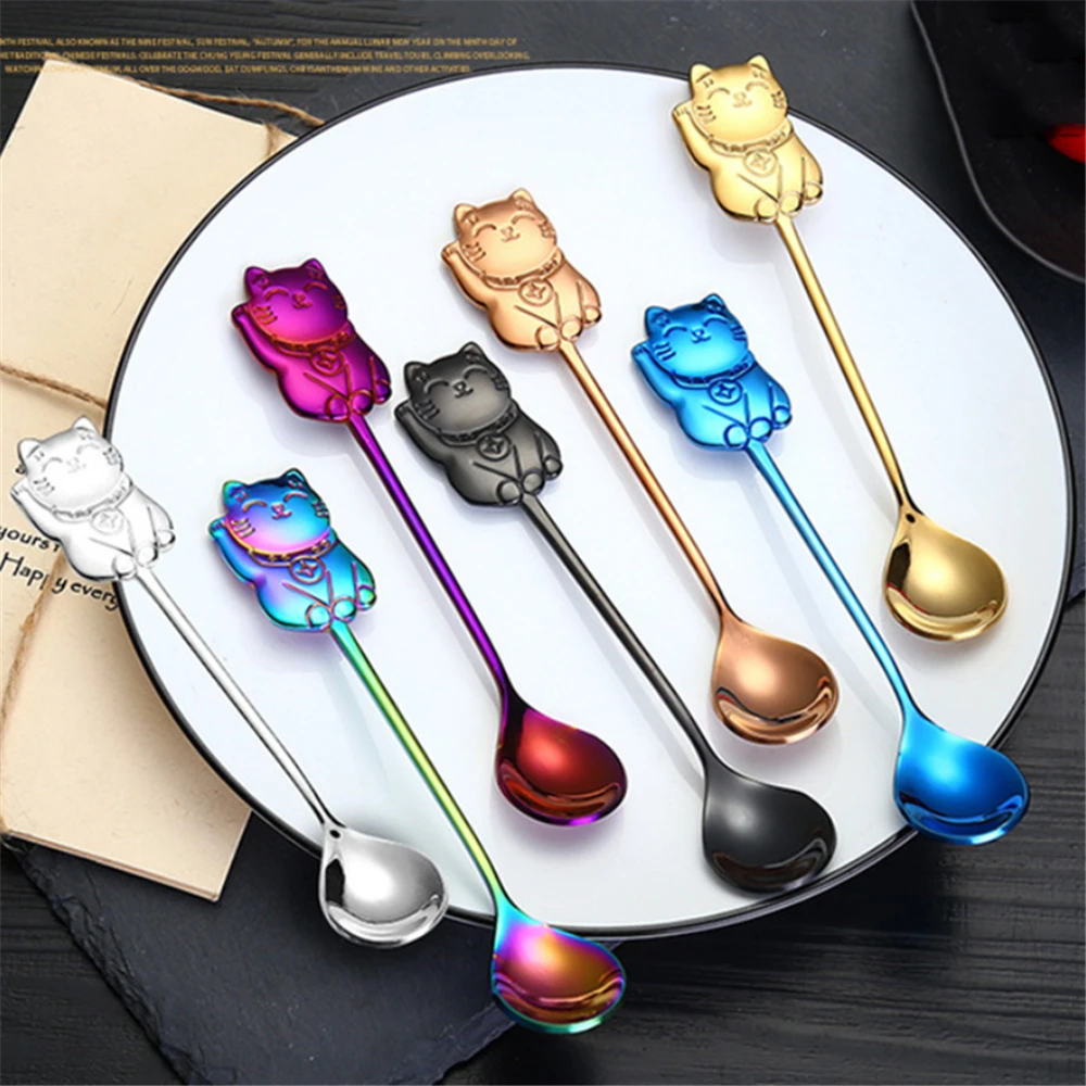 

14cm Stainless Steel Lucky Cat Spoon for Plates Mini Spoon Food Fruit Cake Dessert Ice Cream Coffee Spoon Kitchen Accessories