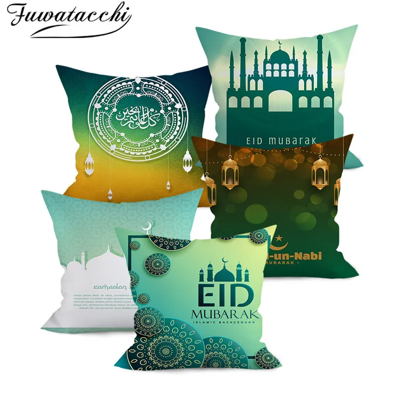 

Fuwatacchi happy muharram Pillow Cover Dark green style Cushion Cover Printed Throw Pillowcase for Sofa Decorative
