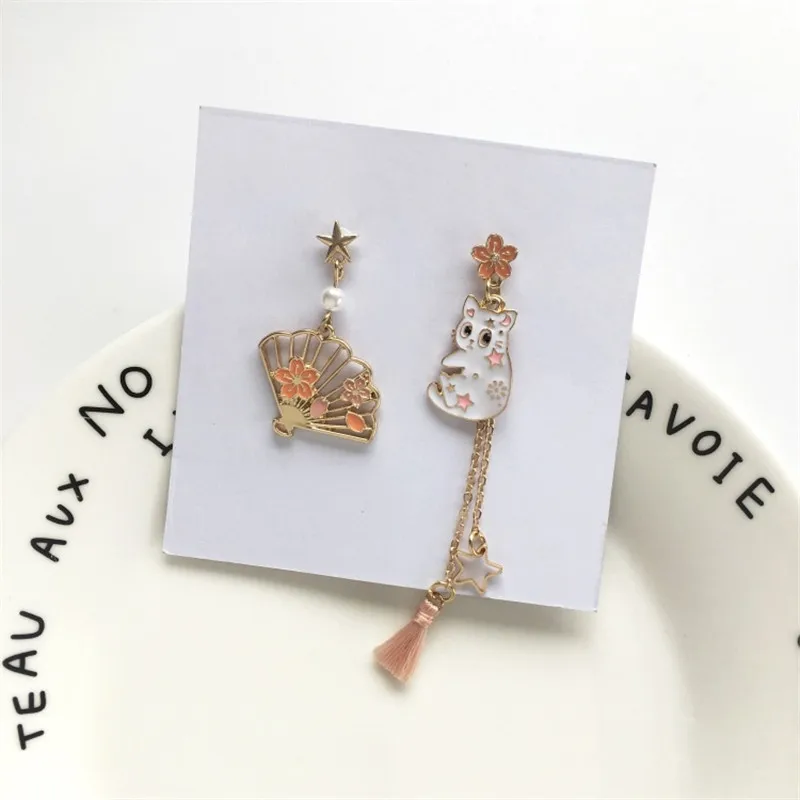 Женские асимметричные серьги-гвоздики с эмалью милые серьги-кисточки в японском