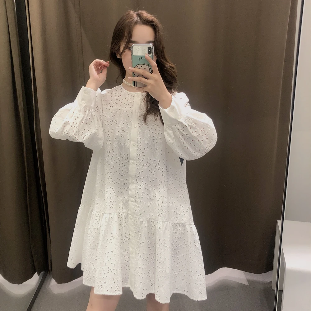 

Women Za Fashion Embroidery Long Sleeve Minidress Femme White Loose Dress