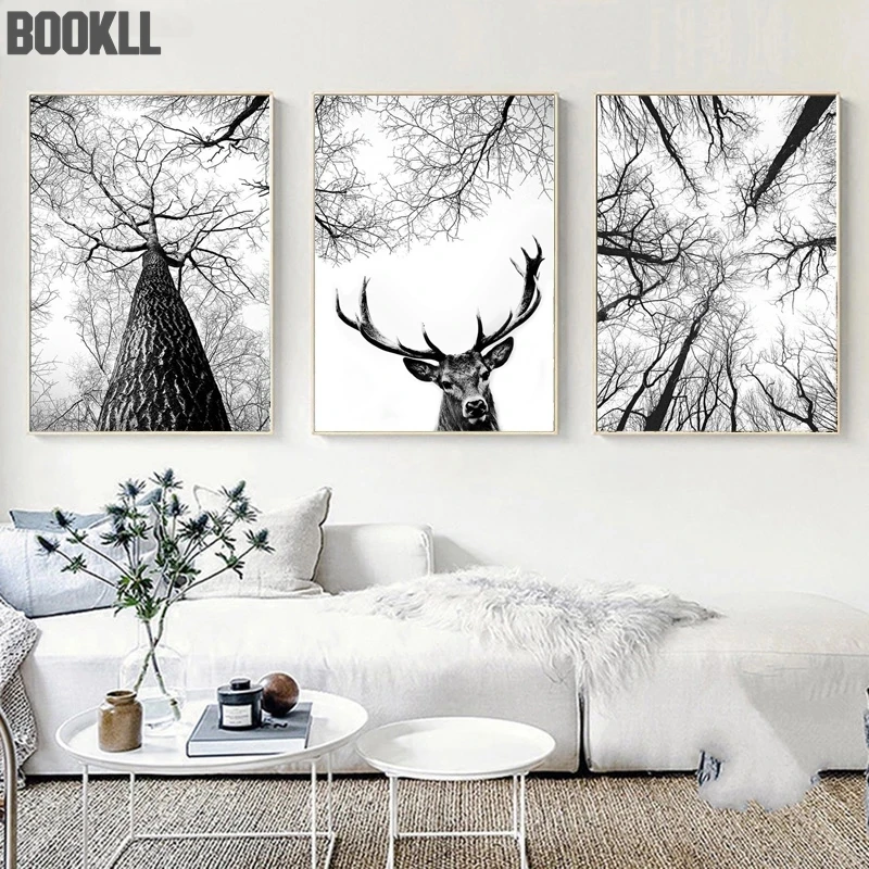 

Scandinavian Tree Print Hunting Posters Deer Antlers Wall Art Woodland Tree Minimalist Canvas Painting Home Room Decoration