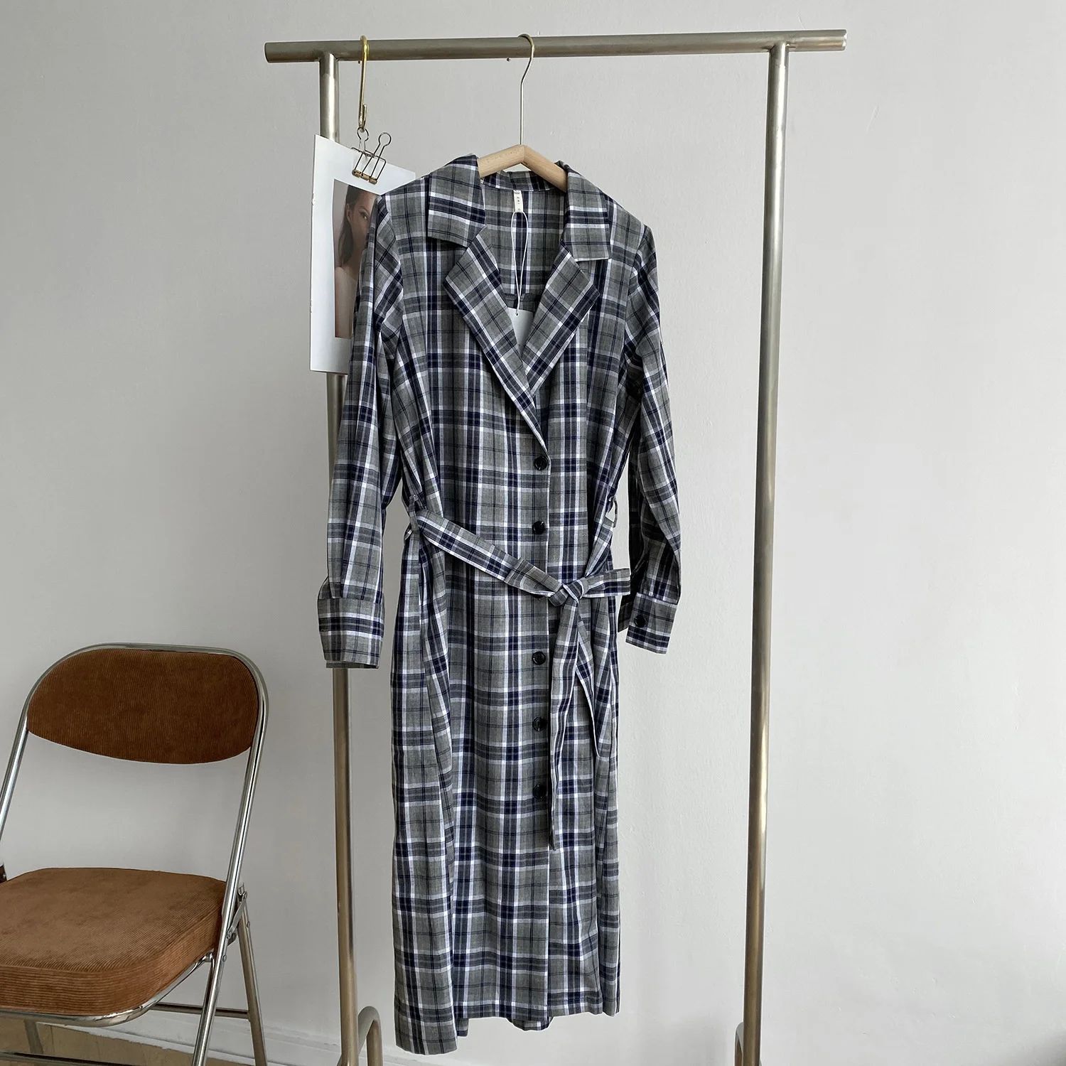 

COZOK Long Plaid Dress Long Sleeve Shirt Skirt Autumn New Suit Collar Korean Waist Long Skirt 598