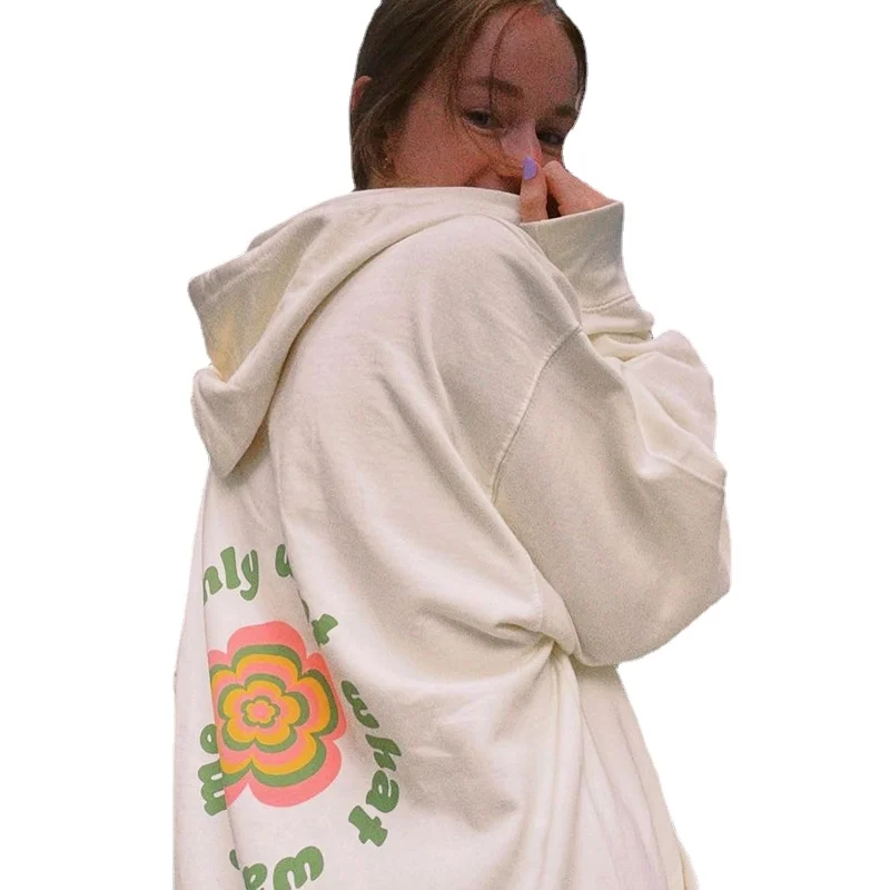 

Women's White Oversized Sweatshirt Letter Flower Printed Pullover Casual Hooded Top Fall Fashion Kangaroo Pocket Kawaii Clothing