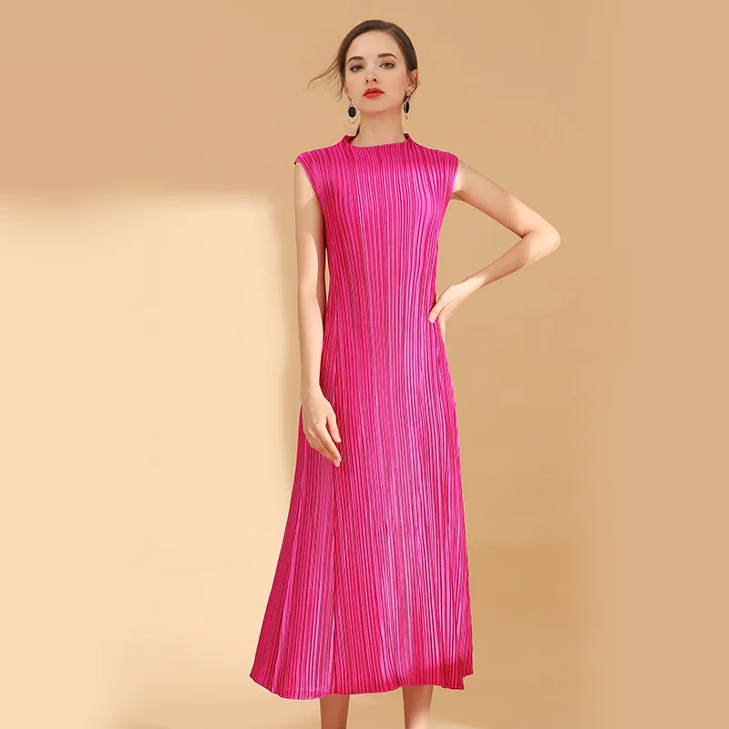 Rose Red Новые осенние плиссированные платья с металлическим блеском, элегантное вечернее платье без рукавов, плиссированное однотонное платье до середины икры с круглым вырезом, Miyake, платье со складками - Цвет: Rose Red