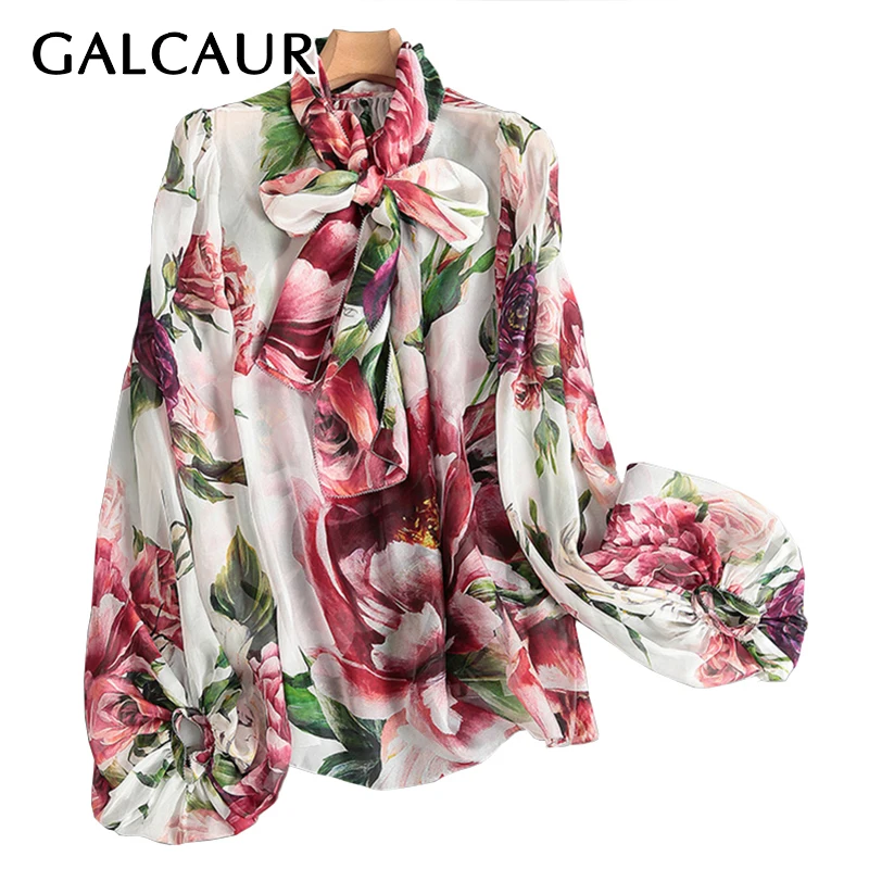

GALCAUR шифоновое женское платье с принтом, футболка с цветочным принтом для женщин; С бантом и рукавами-фонариками Повседневная Блузка для жен...
