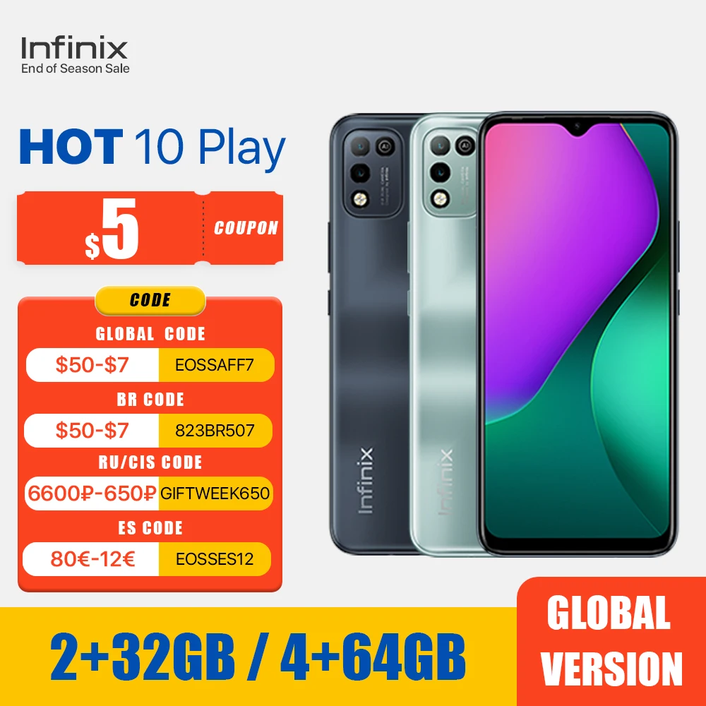 Смартфон Infinix HOT 10 PLAY 2 ГБ + 32 ГБ/4 Гб 64 глобальная версия дюйма HD дисплей 6 82 мАч Helio G35