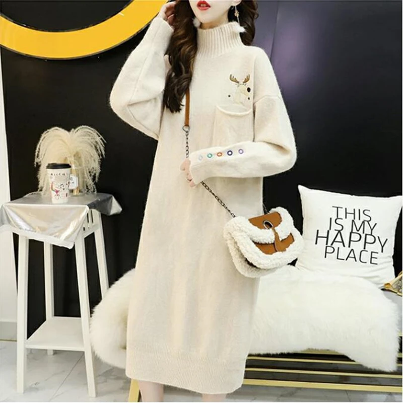 

Winter Clothes Women 2020 Long Maxi Sweater Dress Knitted Long Sweater Pullovers Turtlneck Jumpers Deer Christmas Sweater Dress