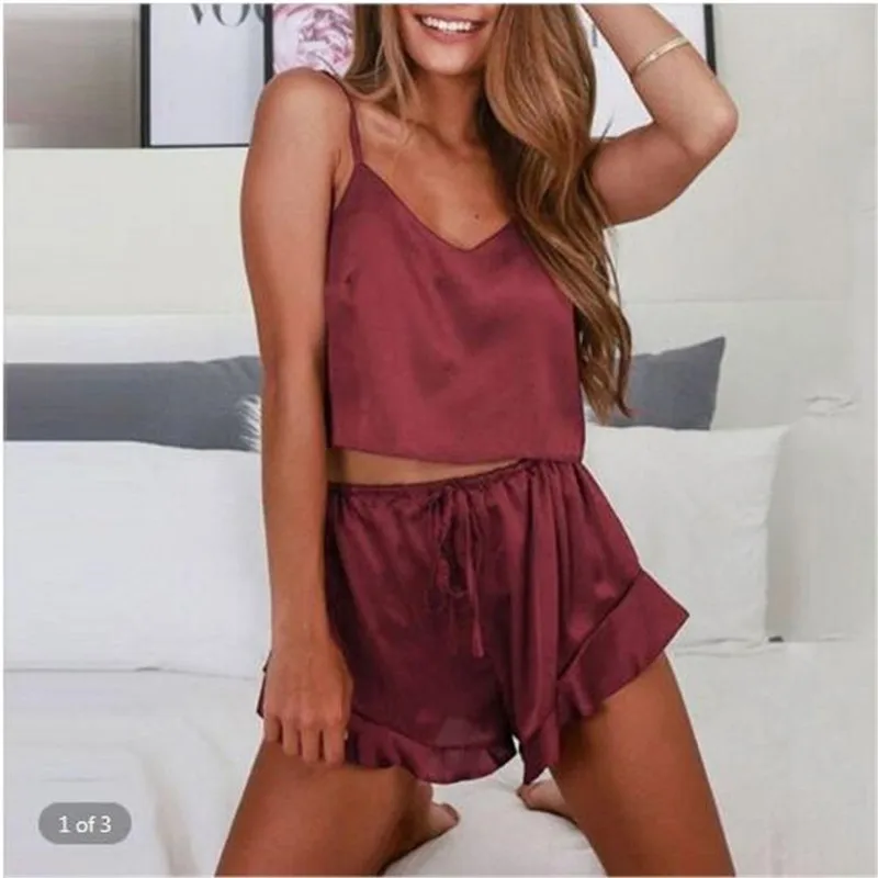 

2022 Sexy Lingerie Clothes Set Women Silk Robe Camis Cropped Top Shorts 2Pcs Babydoll Nightwear Red Sleepwear Pajama Set