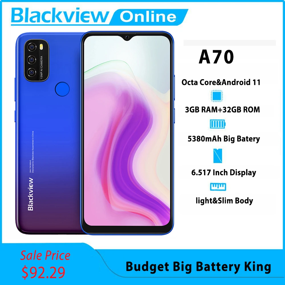 Blackview A70 Android 11 смартфон 5380 мАч большая Батарея Octa Core 3 Гб оперативной памяти