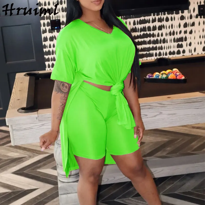 

Wholesale&dropshipping Short Suits V Neck Tshirt Elastic Waist Short Pants Solid Color Women's Summer Suits Knit Casual 2 Pieces