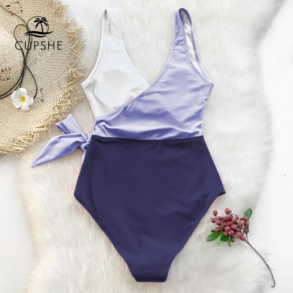 CUPSHE фиолетовый белый с цветными блоками v-образный вырез Цельный купальник