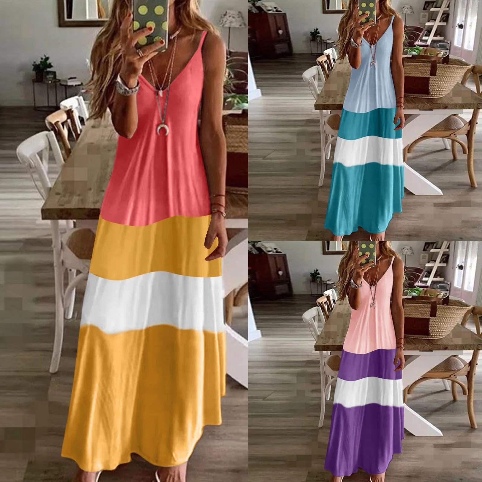 

Women's dress deep V sling tie-dye stitching beach pullover Maxi Boho Sundress women's loose long dress плая для женин 40*