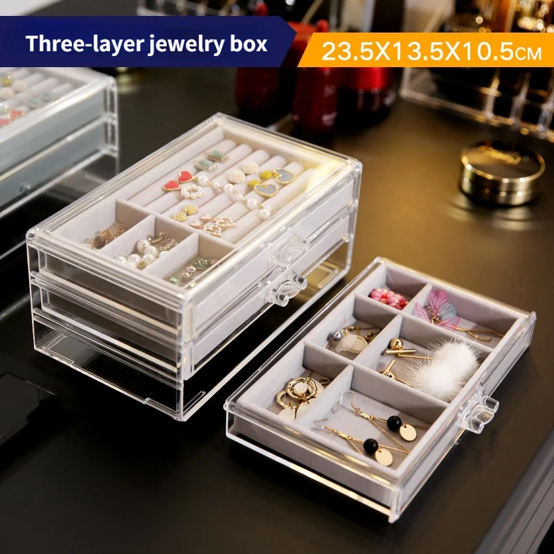 

Three-layer Transparent Drawer Jewelry Storage Box Ring Necklace Bracelet Earring Finishing Storage Box Combination Dustproof