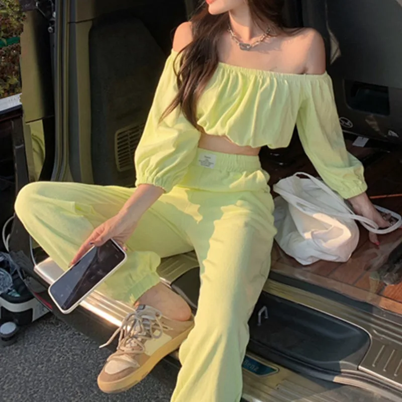 

2021 Summer Two Piece Sets Womens Outfits Style Off Shoulder Top+Casual Elastic Waist Long Pants Trousers Streetwear Workout