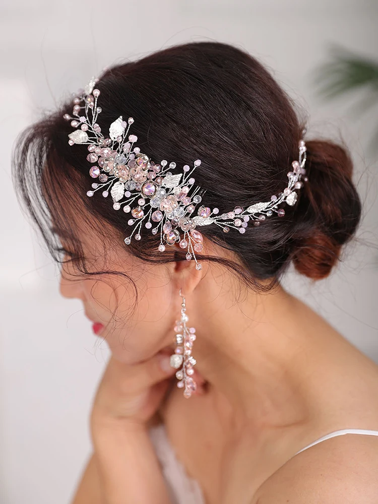 Тиара свадебные серьги и повязка на голову розовый хрустальный головной убор