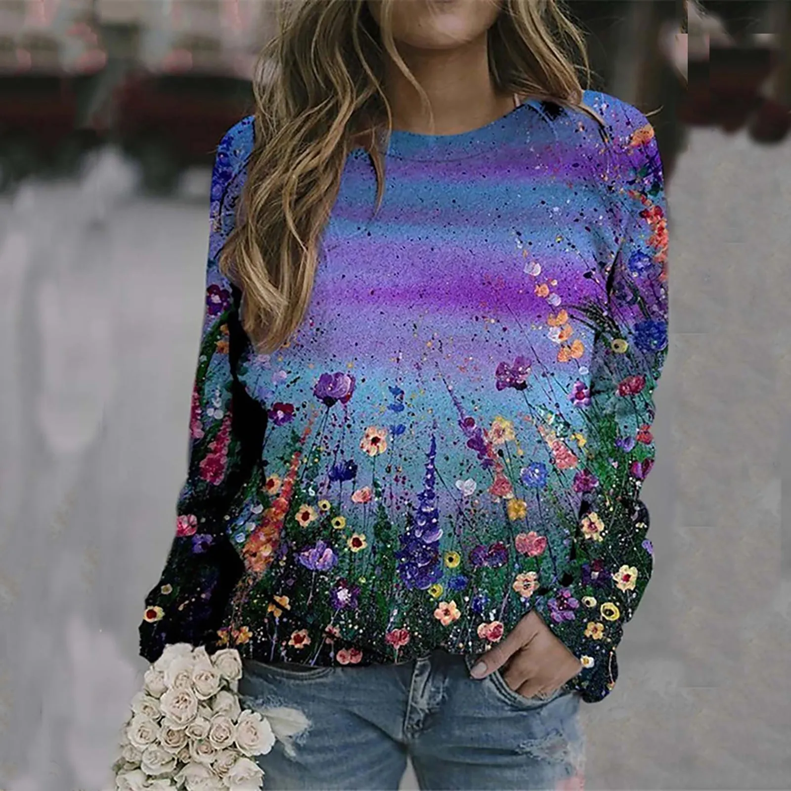 

Свитшот женский с растительным и цветочным принтом, уличная одежда, повседневный Свободный пуловер с круглым вырезом, осень 2021