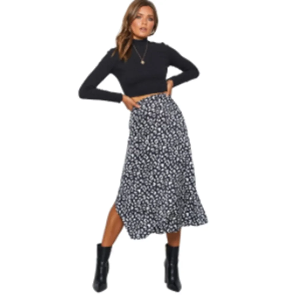 

2021 Sundresses For Women summer leopard print chiffon split skirt ladies sexy zipper high waist mid long skirts casual fashion
