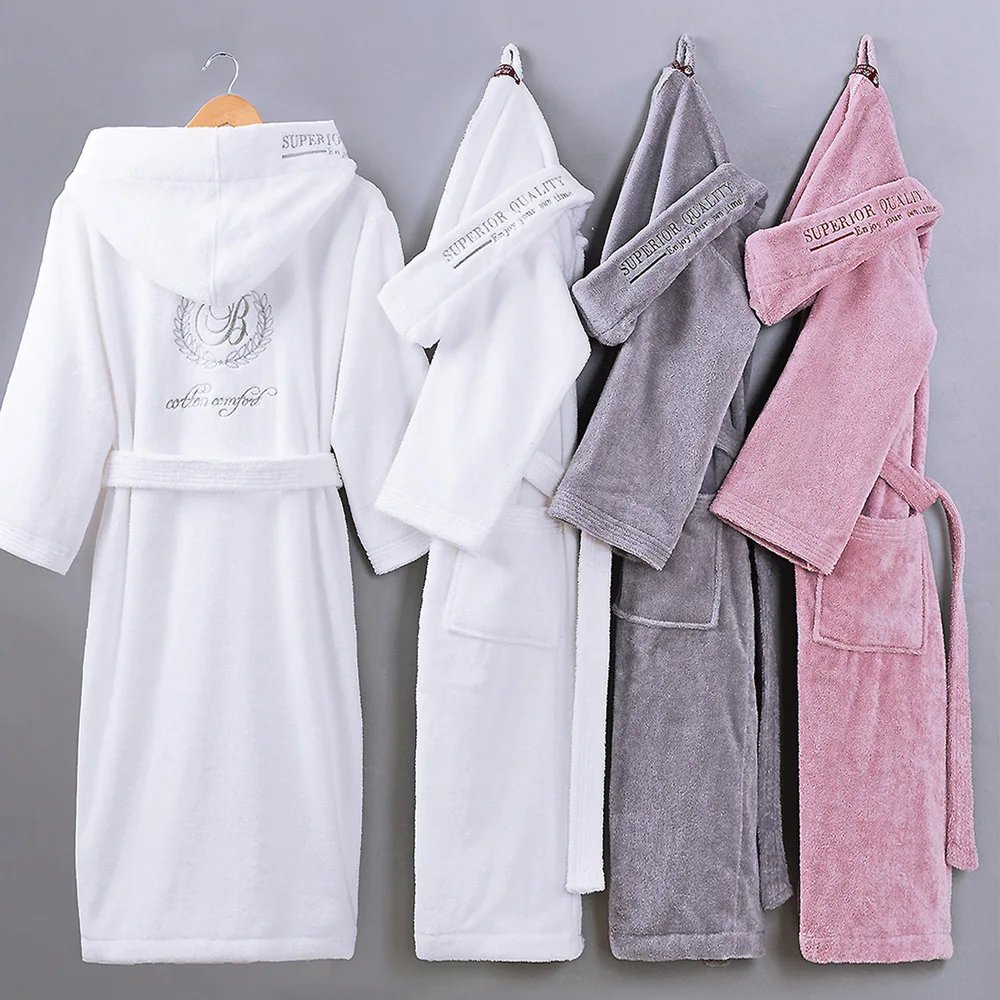 

Winter Terry Bathrobe for Men Women Hooded Kimono Robes Embroidery Thick Cotton Towel Bathrobes Long Robes Unisex Dressing Gown