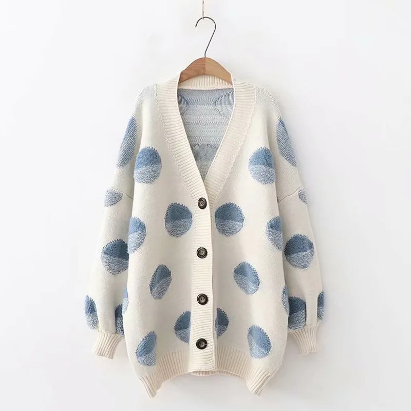 

Polka dot embroidery knit sweater Cardigan women's 2021 autumn winter new color matching casual loose V-neck single-breasted