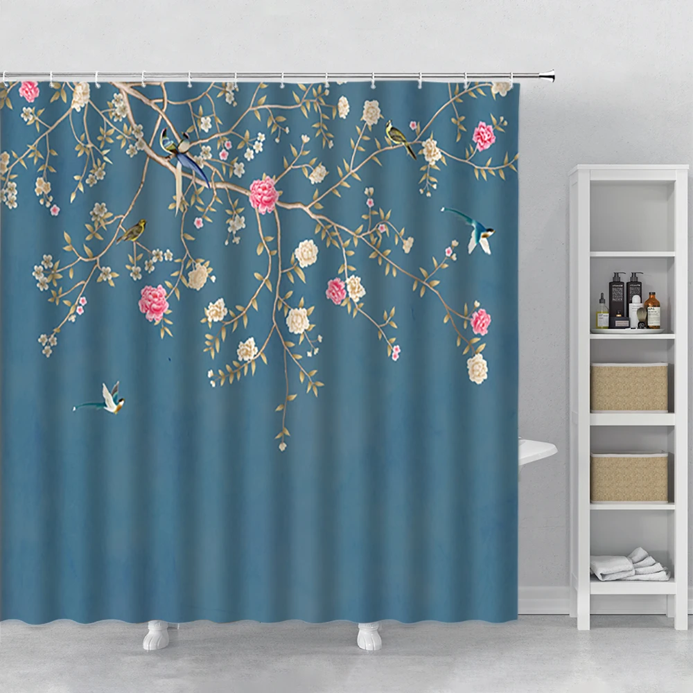 Занавеска для душа с изображением цветов птиц и деревьев | Дом сад