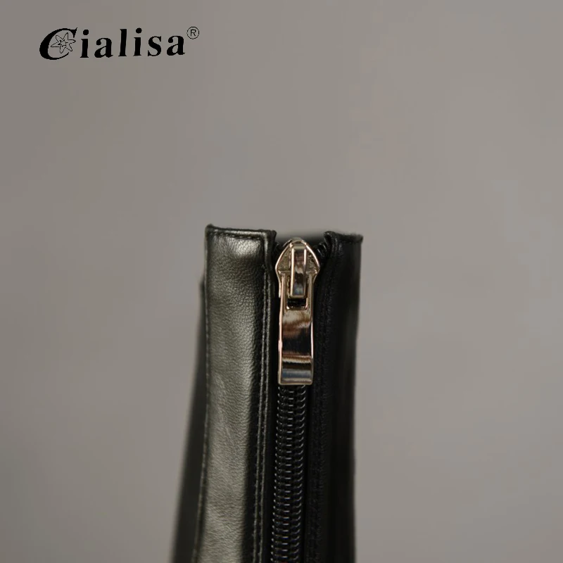 

CIALISA Women Shoes 2020 Casual Autumn Winter Genuine Leather New Chunky Heel Boot Sexy Pointed Toe Zipper High Heel Boot