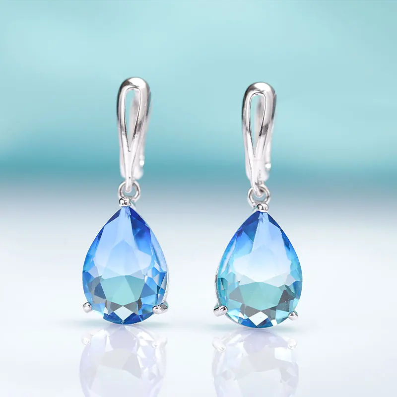 silver lake blue MAIKALE New Water Drop Gradient Blue Long Earrings Women Fashion Rose Gold Fine Jewelry Tourmaline Zircon Glass Dangle Earrings - Окраска металла: silver lake blue