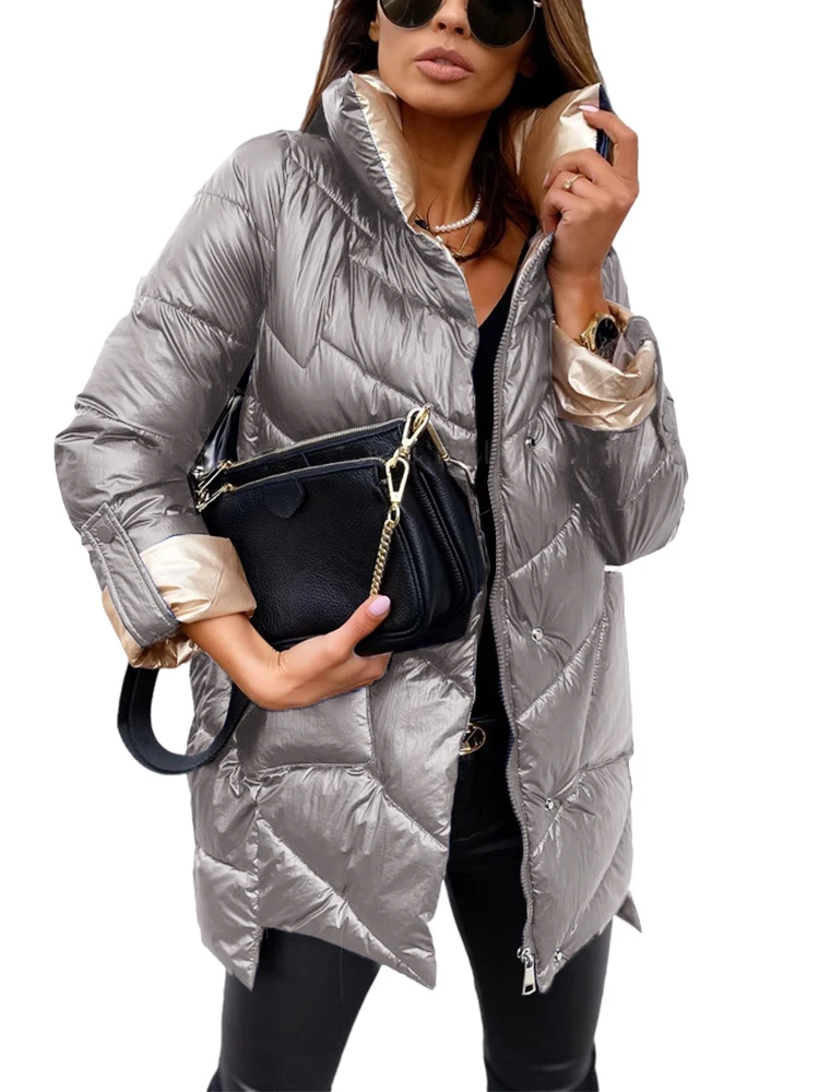 2021 Women Oversized Winter Parka Cotton Padded Warm Coat Stand Collar Patchwork Jackets Female Outerwear Coats Puffer Jacket
