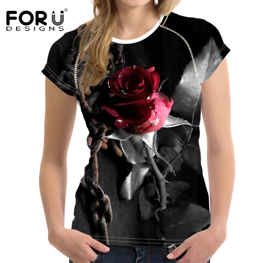 

FORUDESIGNS Fashion Rose Flowers Printing Women T-shirt Summer Casual Tops Tee for Ladies Short-sleeved O-Neck Shirt Roupa Femme
