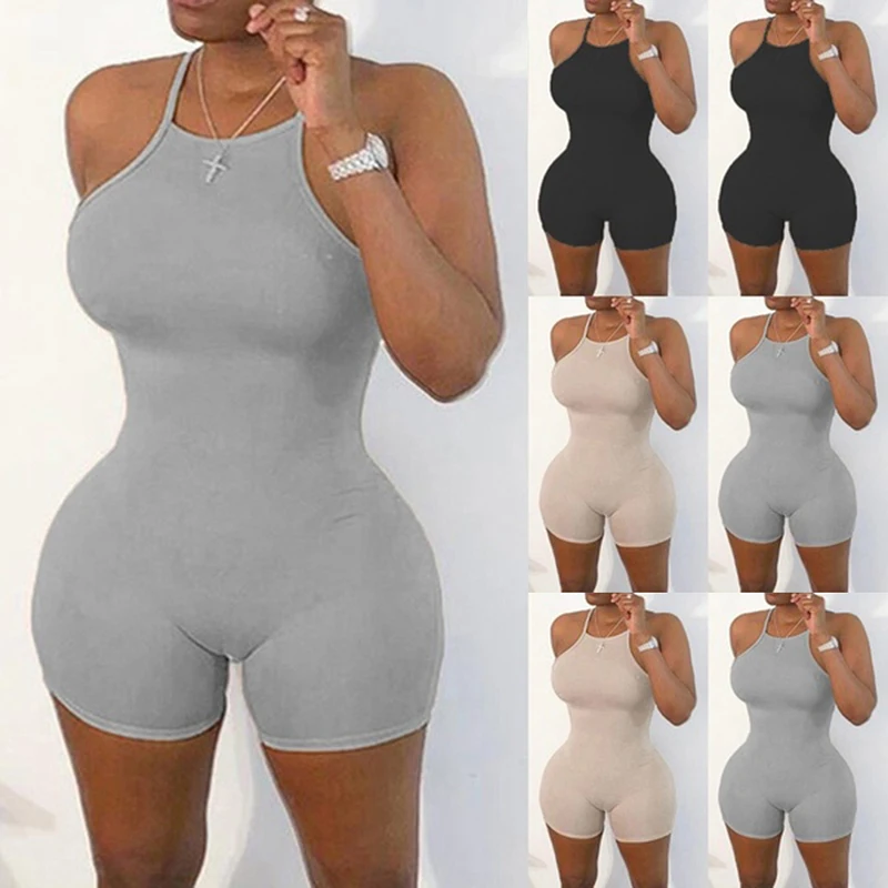 

Sexy Romper Women Sleeveless O Neck Solid Playsuit Elastic Ribbed Skinny Summer 2020 Fashion Streetwear