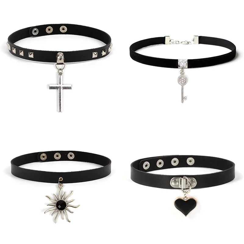 

Gothic PU Leather Cross Sun Key Heart Necklace Spike Choker Women Collar Necklace Rock Punk Chocker Statement Jewelry