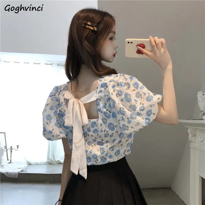 

Sweet Blouse Women Puff Sleeve Elegant Princess Stylish Square Collar Flower-print Comfort Girls Leisure All-match Female Ins