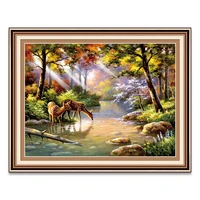 needlework diy lake view printed canvas cross stitch set for embroidery animals deer 11ct full embroidery scenic home decoration